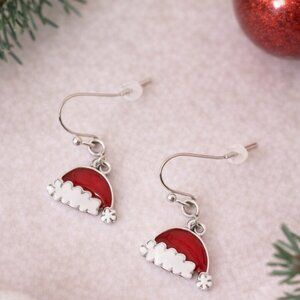 Santa Hat Christmas Dangle Earrings Red Enamel Holiday Jewelry